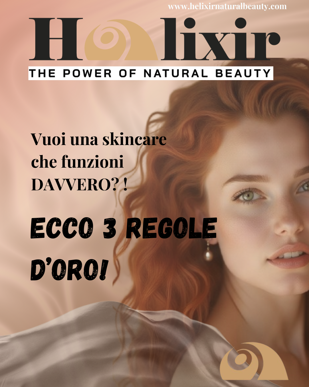 ragazza con capelli ricci rossi e pelle perfetta grazie alla skincare Helixir e le sue 3 regole d'oro